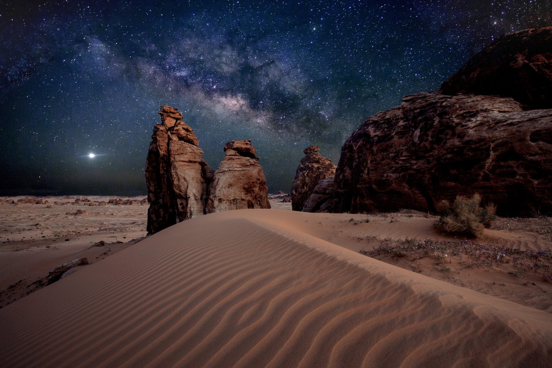 vía láctea estrellas desierto piedras arena