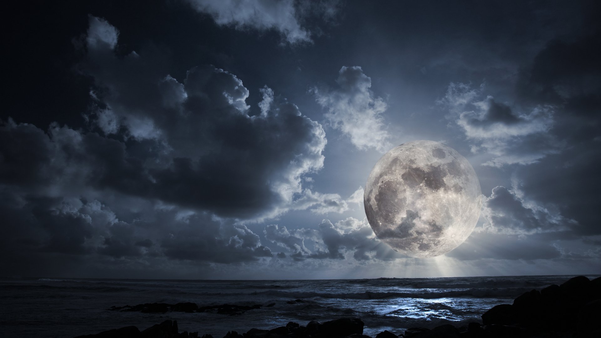 night sea clouds moon