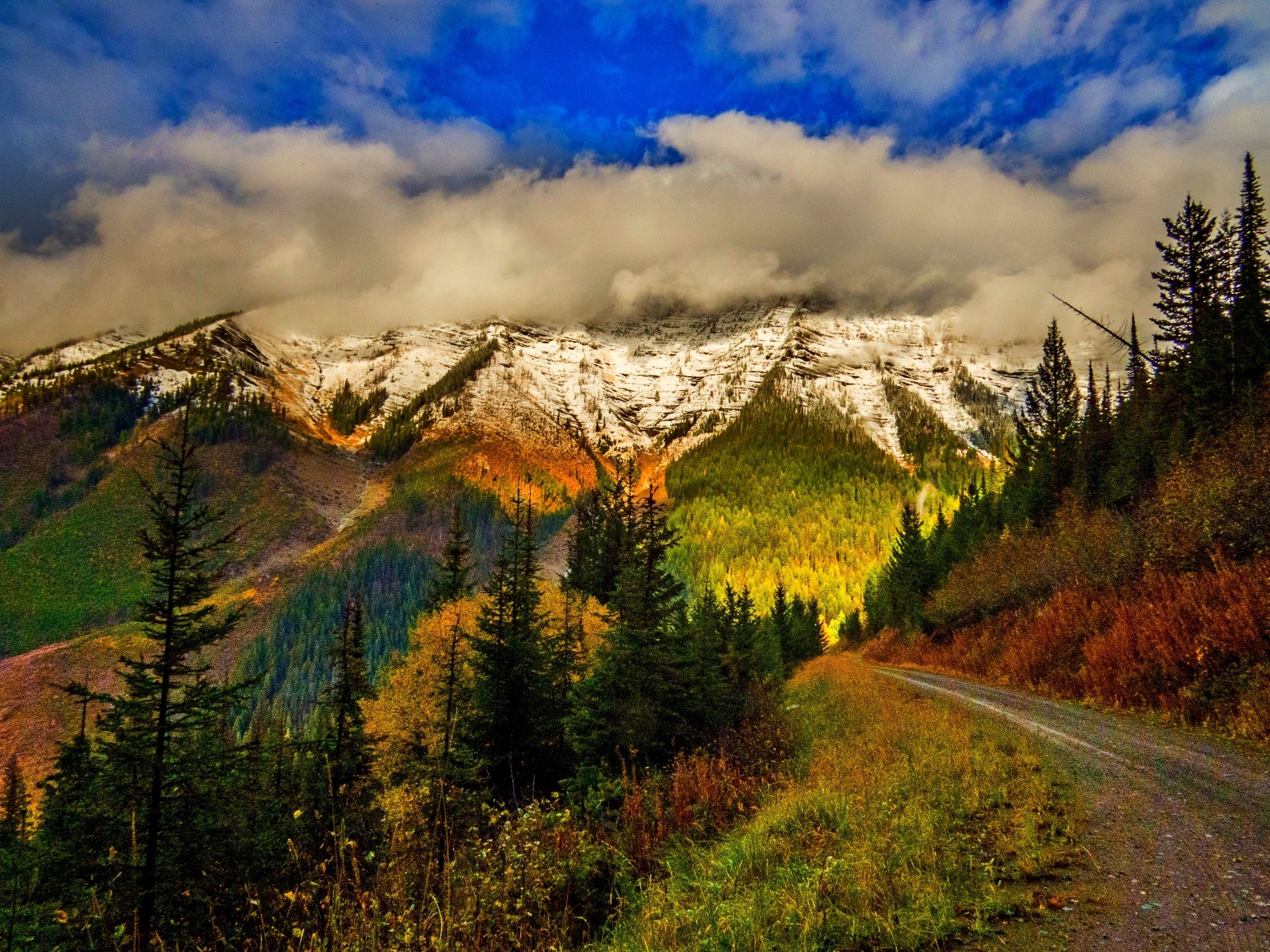 nature mountains sky clouds snow forest park trees leaves colorful road autumn fall colors walk