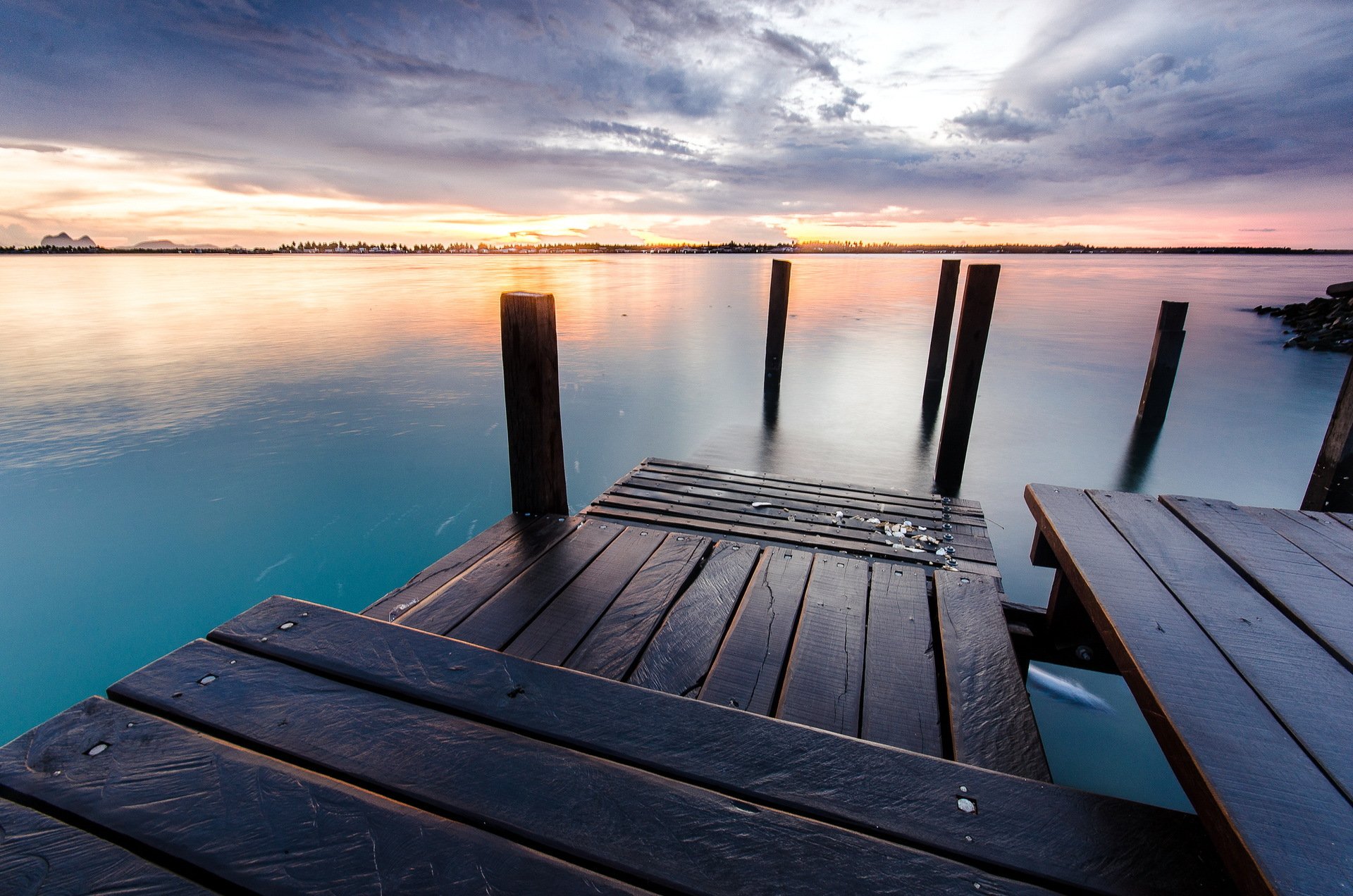 coucher de soleil lac pont paysage