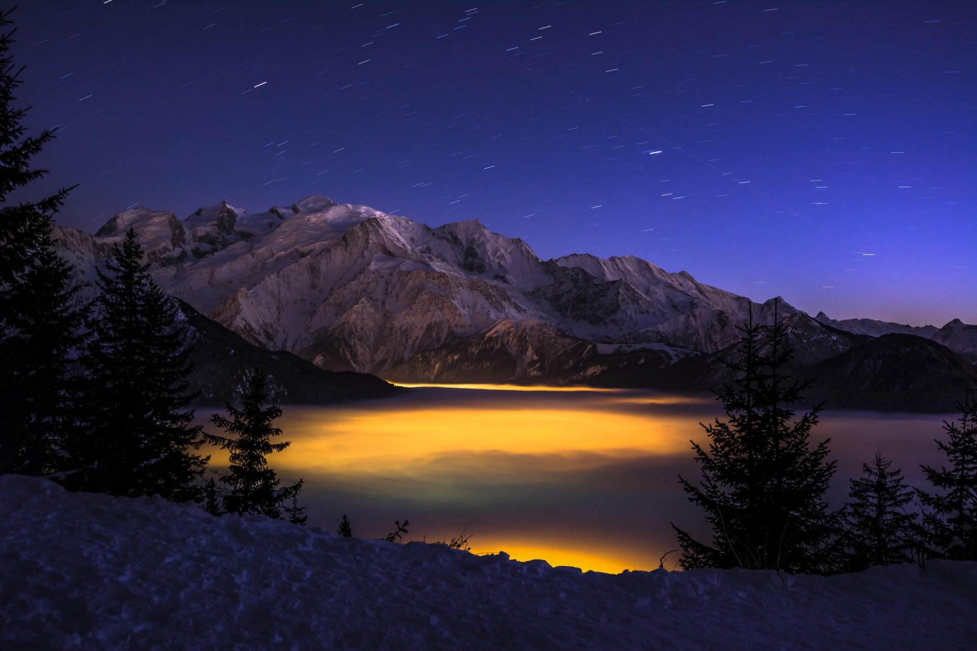 night mountain winter forest height valley clouds light