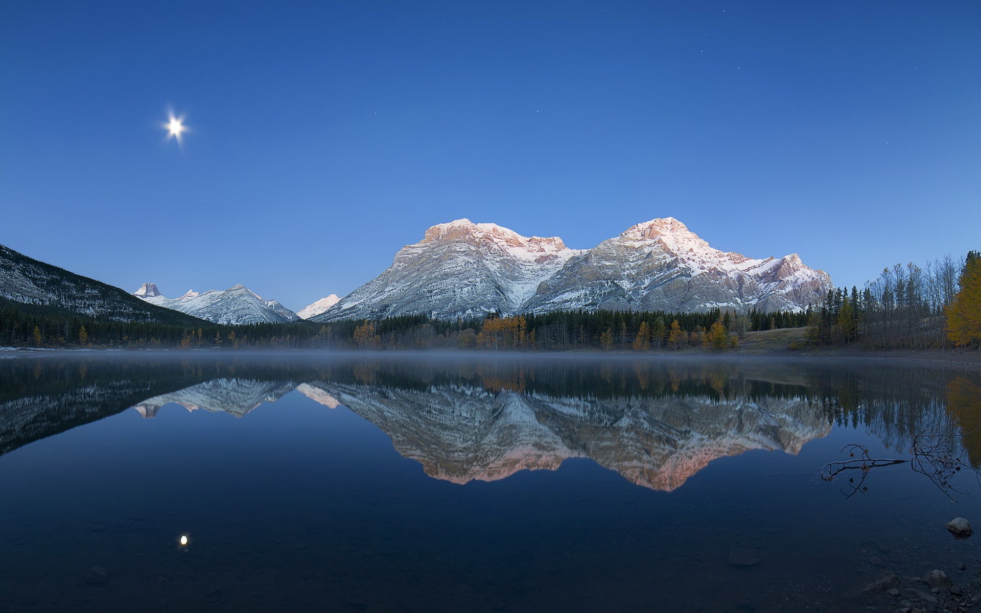 berge wald see mond nacht reflexion