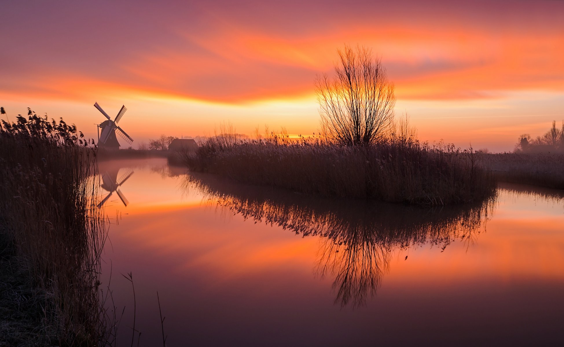 río amanecer niebla molino