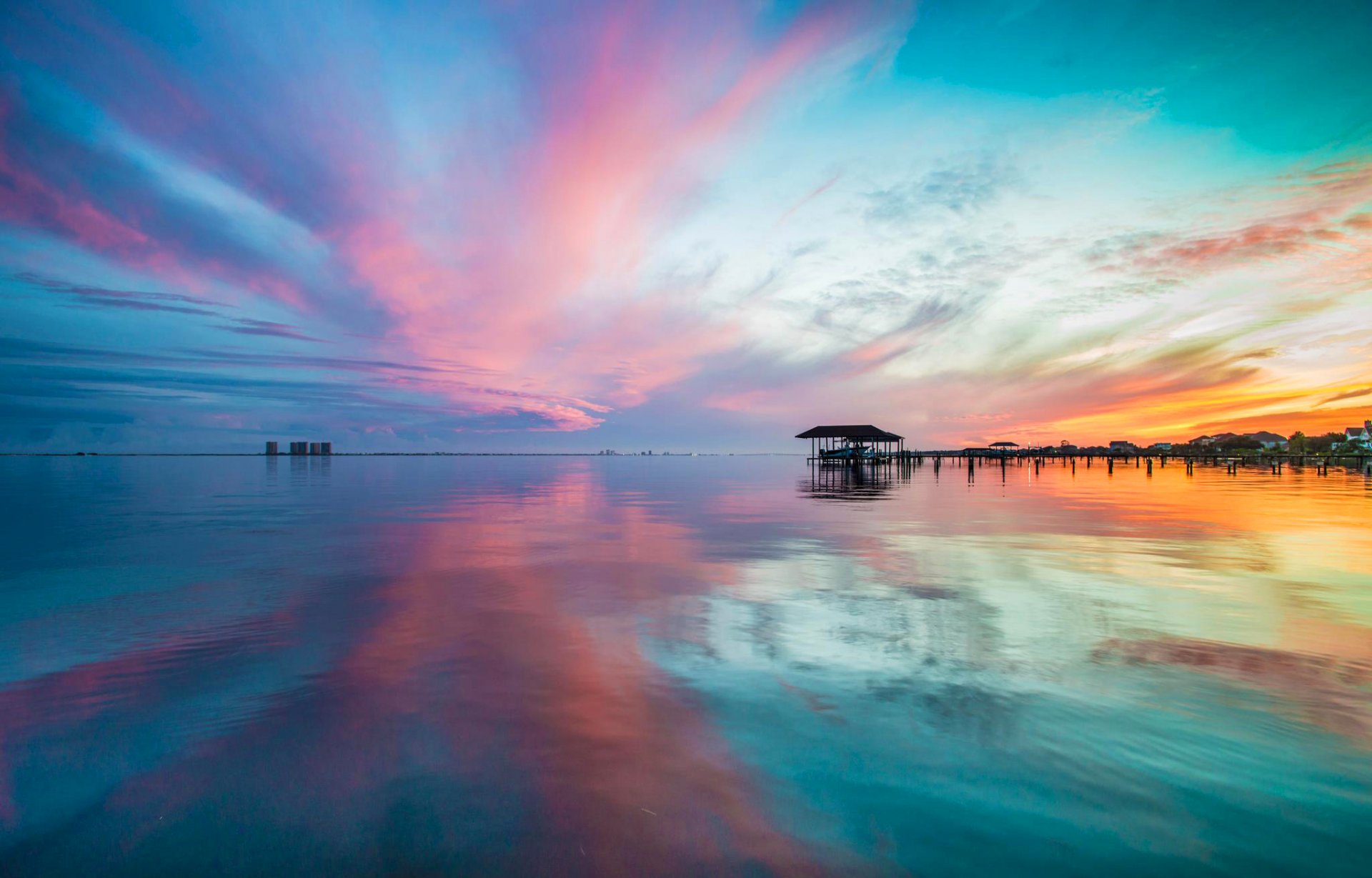 ky clouds sunset sea beach reflection horizon village house nature