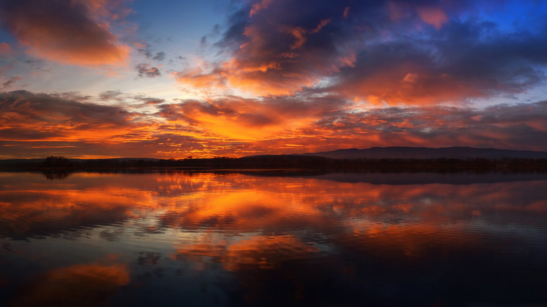 river forest mountain sky clouds reflection sunset