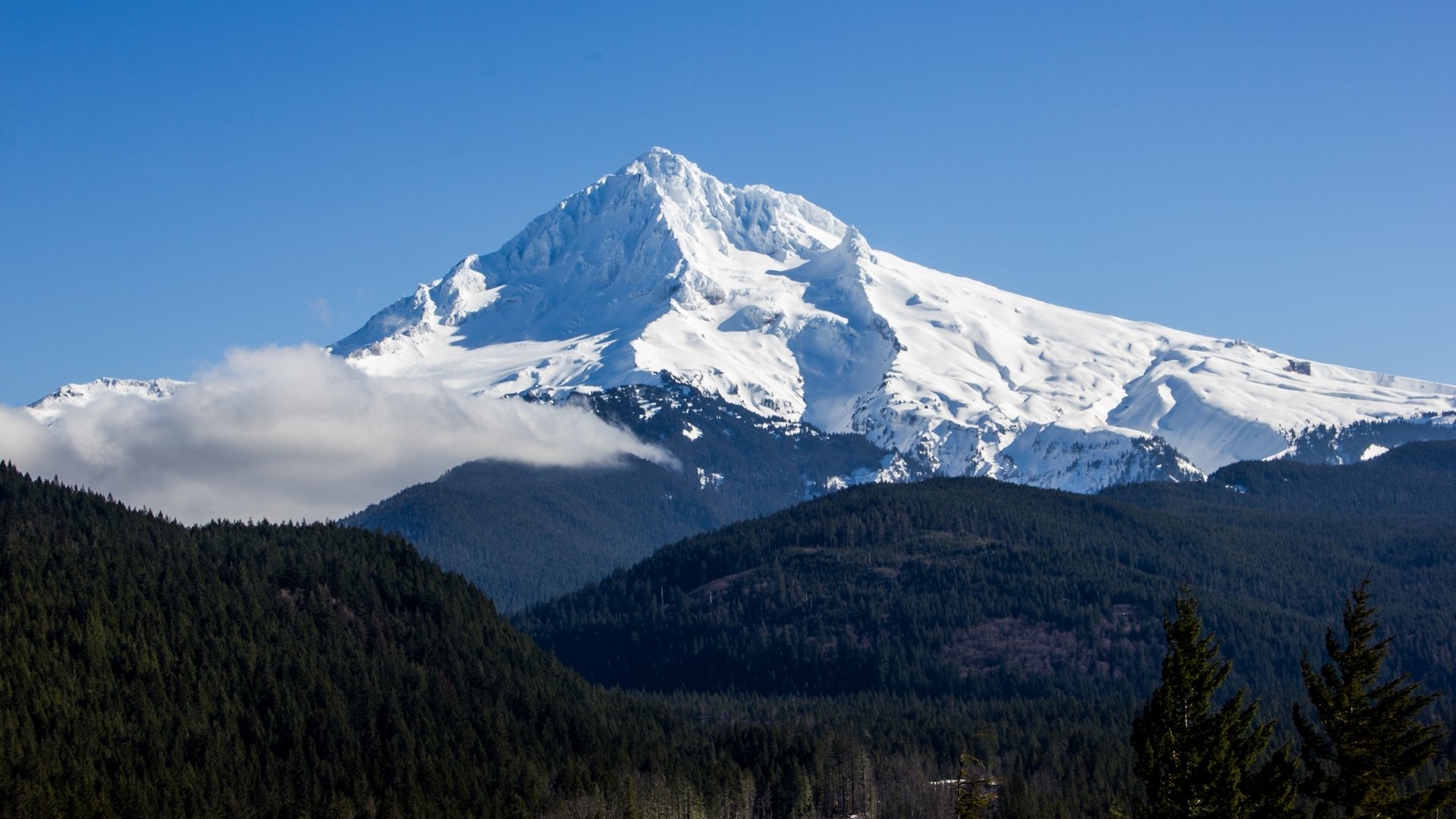 landscape sky blue snow mountain summit volcano mount hood north america forest fog haze