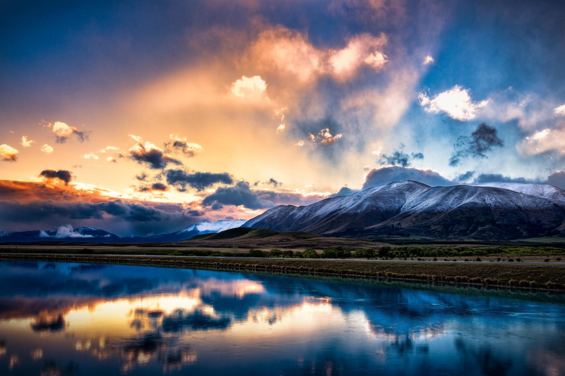 nueva zelanda isla sur montañas cielo nubes reflexión luz