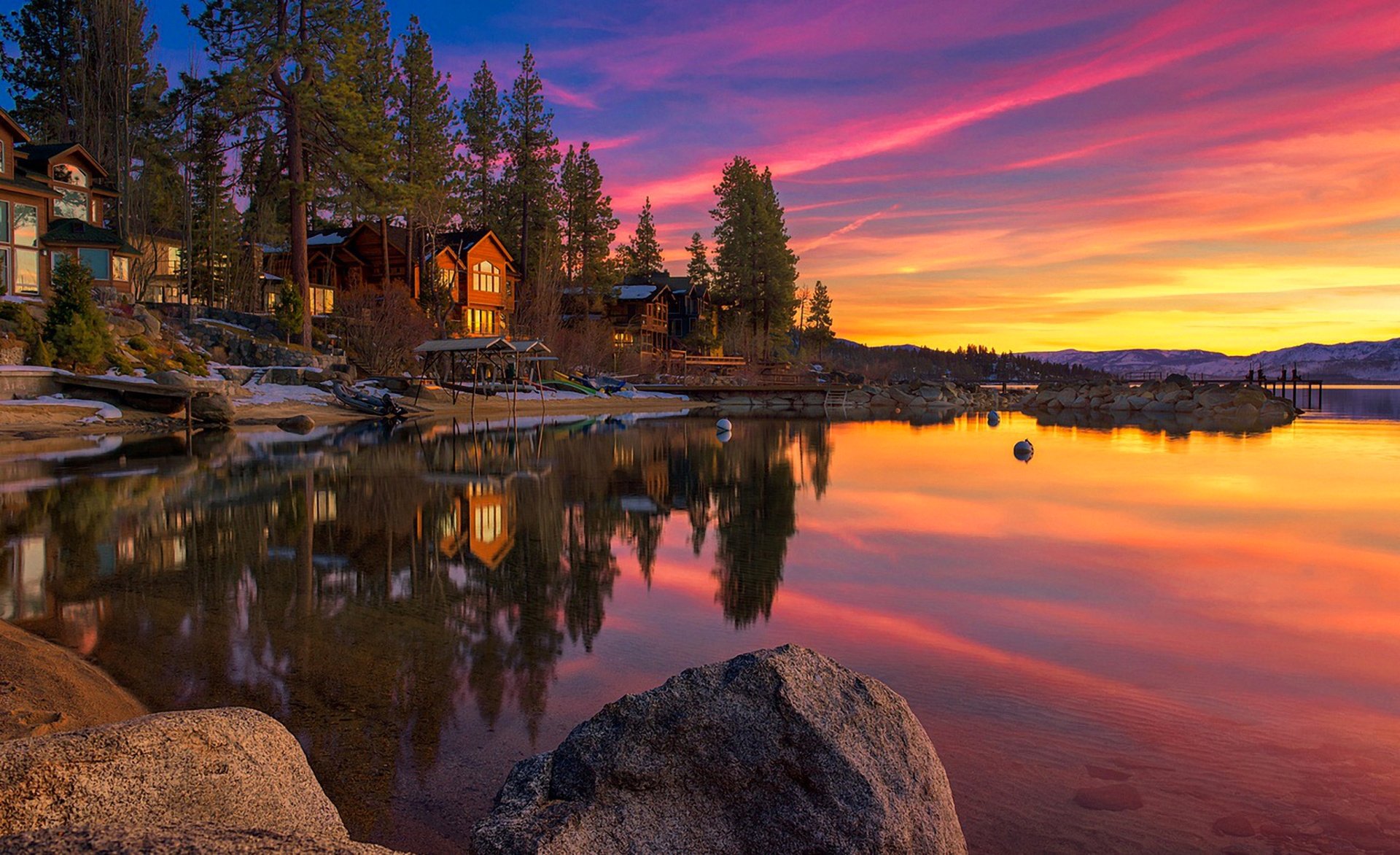 californie états-unis tahoe lac ciel nuages coucher de soleil pierres neige arbres maison