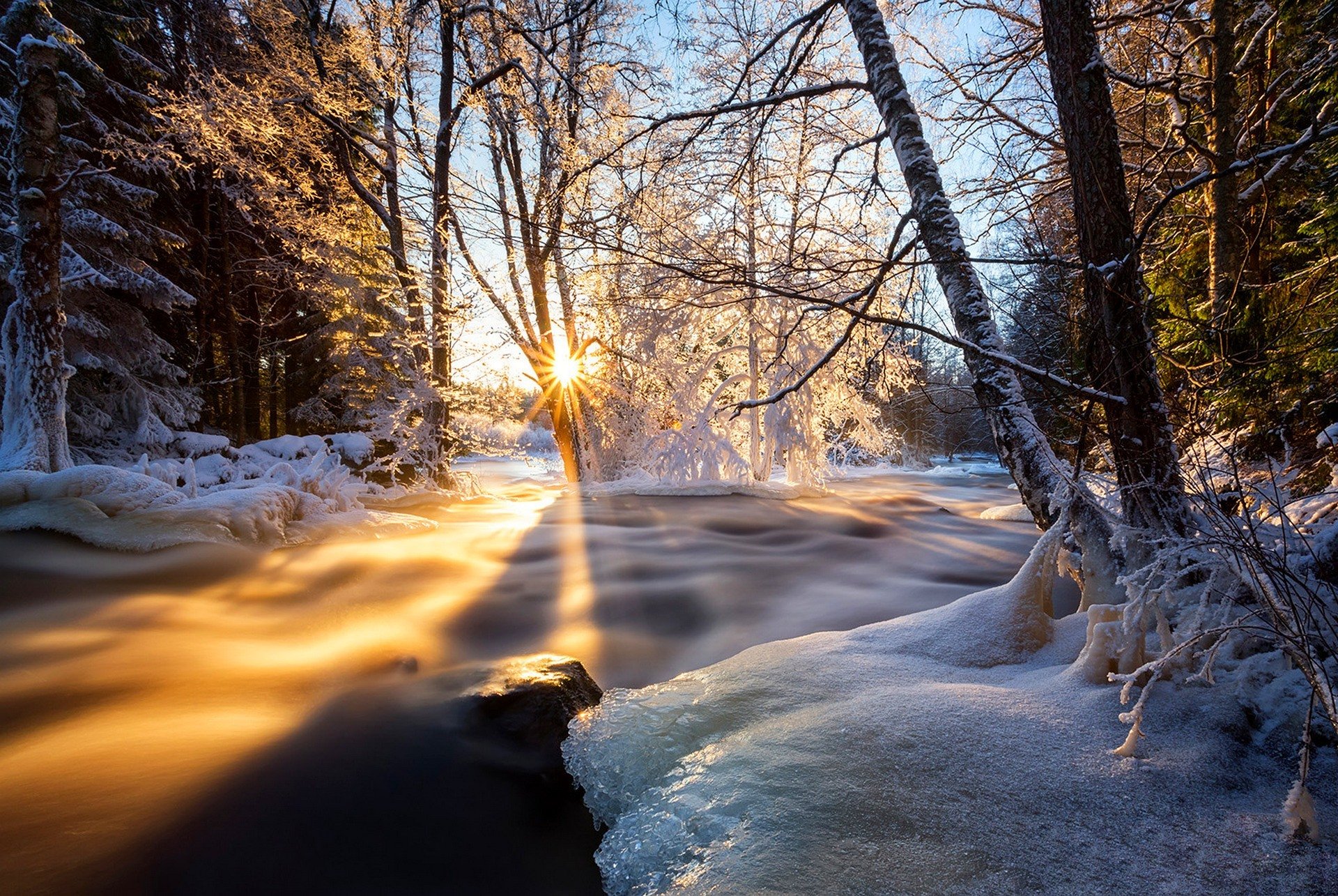 nature hdr paysage saison hiver vue couleurs neige glace nuages ciel coucher de soleil arbre arbres rivière hiver vue couleur rivière