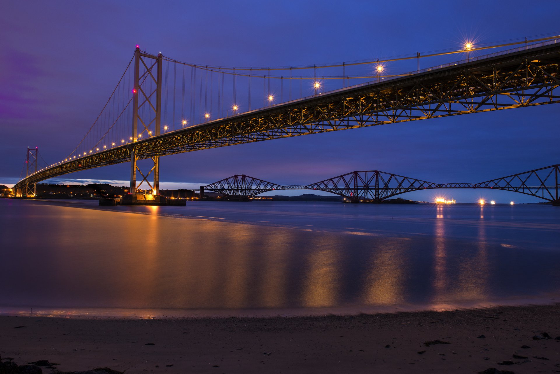 großbritannien schottland fort bridge fluss brücke lichter beleuchtung nacht blau lila himmel