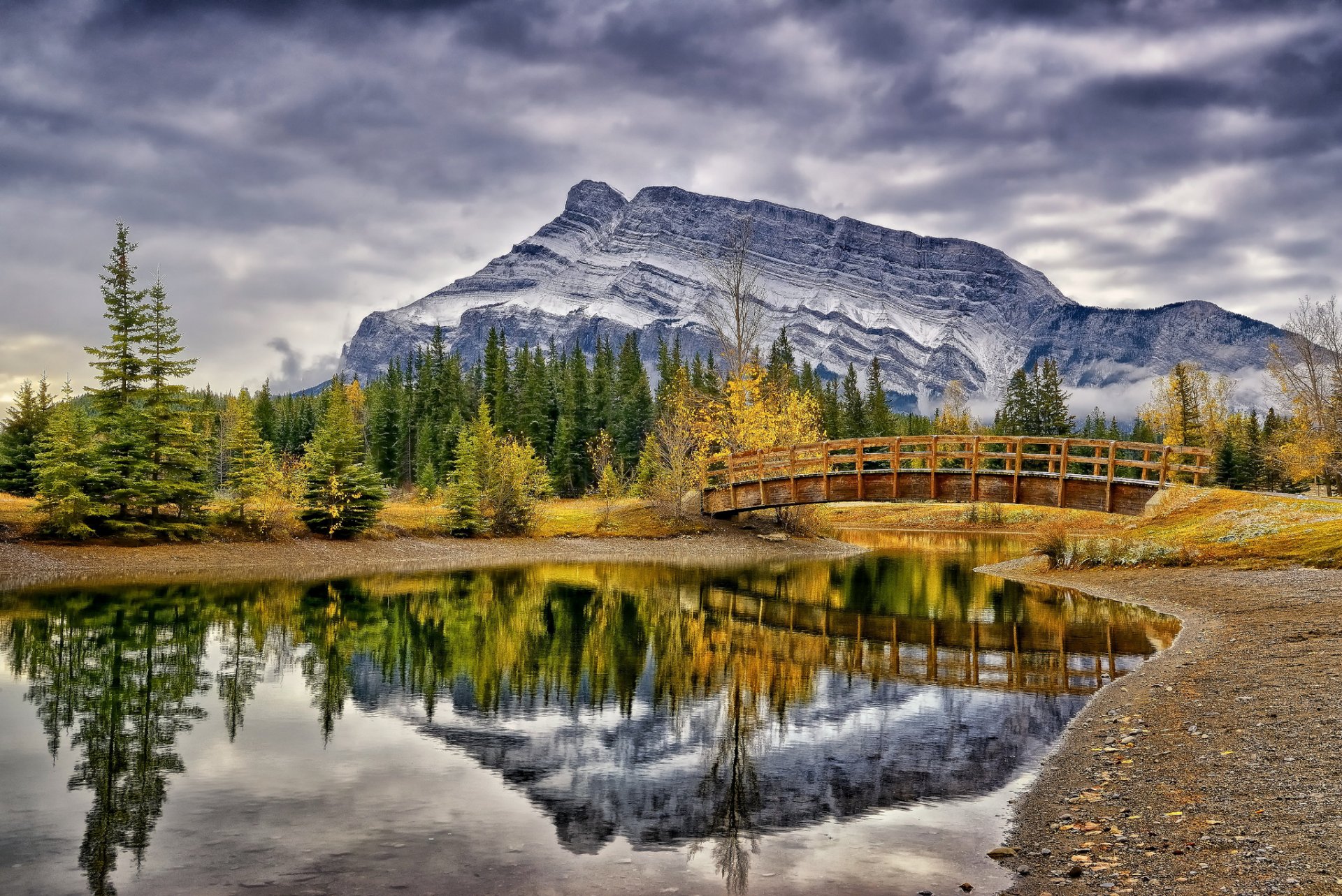 cascade ponds banff national park alberta canada banff pond bridge mountains autumn reflection tree