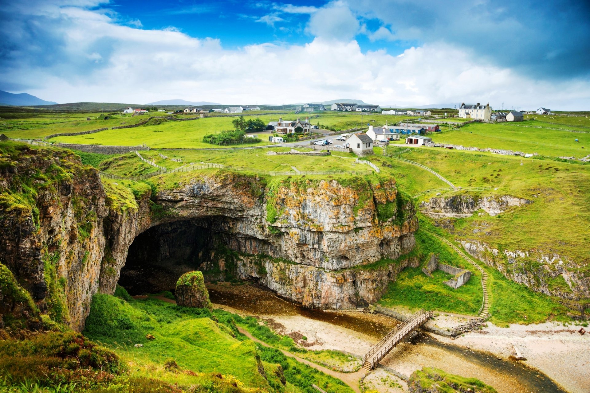 escocia reino unido reino unido montañas casas casas carretera naturaleza vegetación nubes paisaje