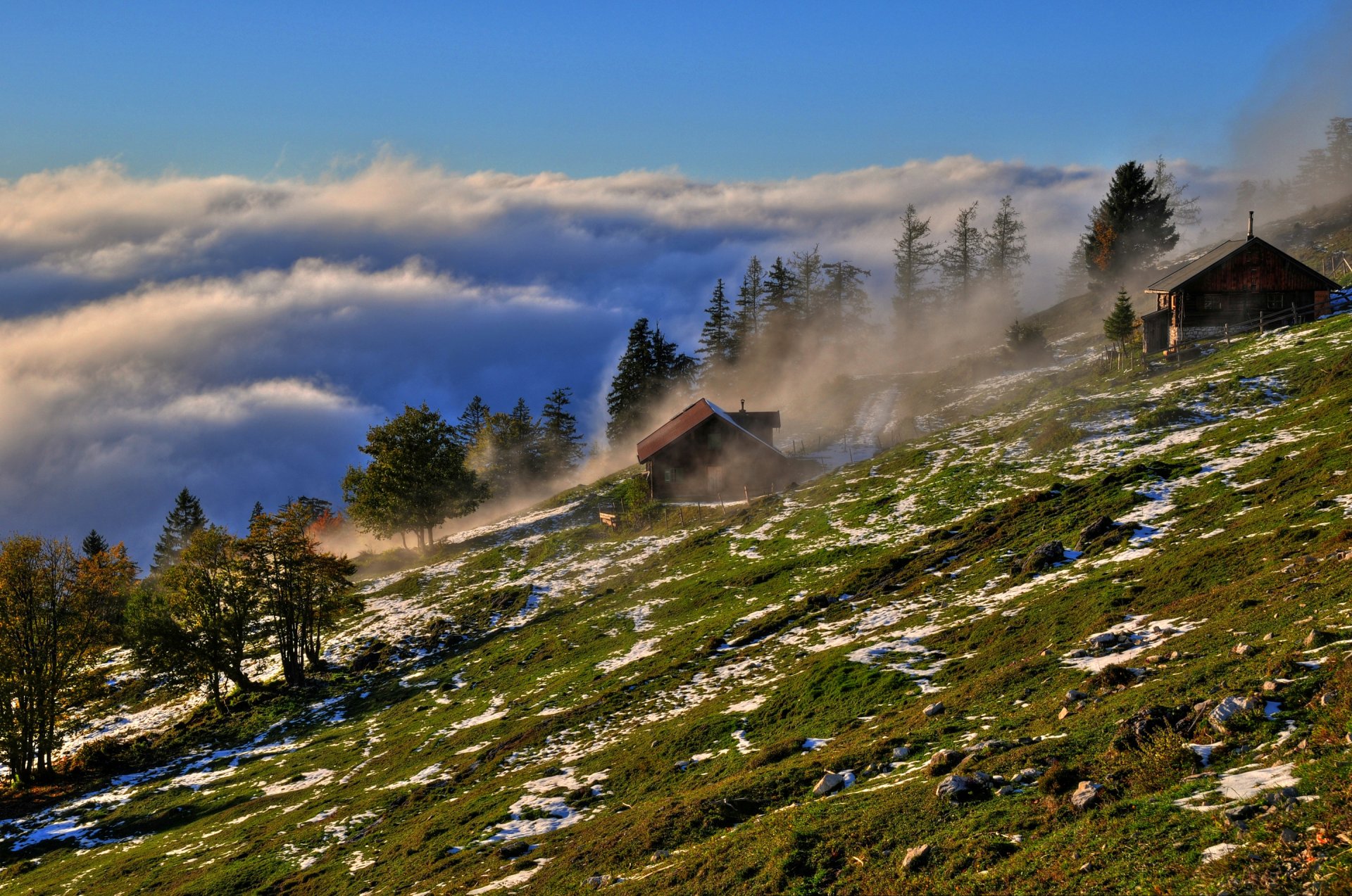 ochsenberg salzburg österreich himmel wolken nebel berge hang bäume gras haus steine