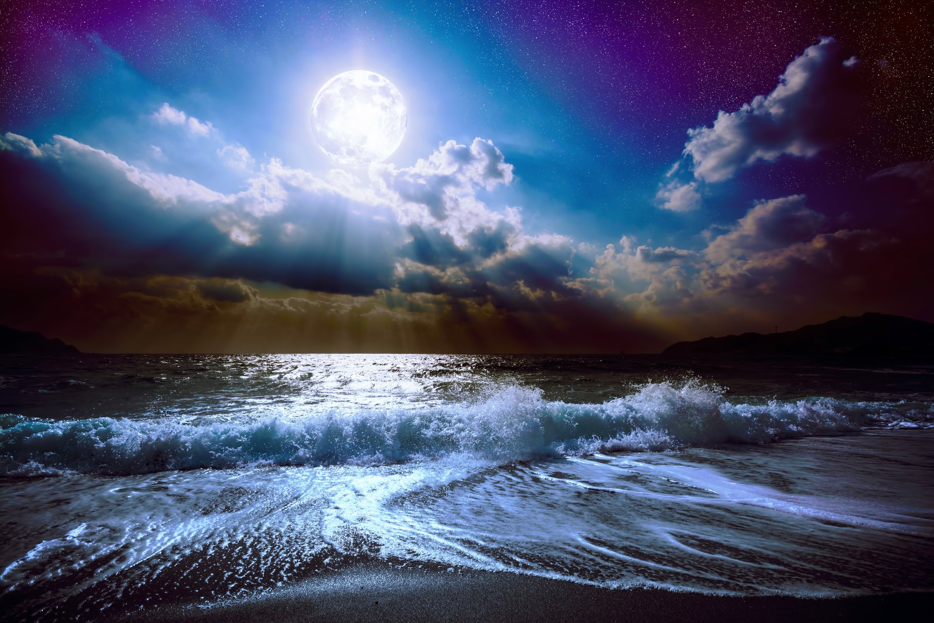 chiaro di luna luna notte mezzanotte natura paesaggio nuvole luna piena cielo mare oceano onde bella natura