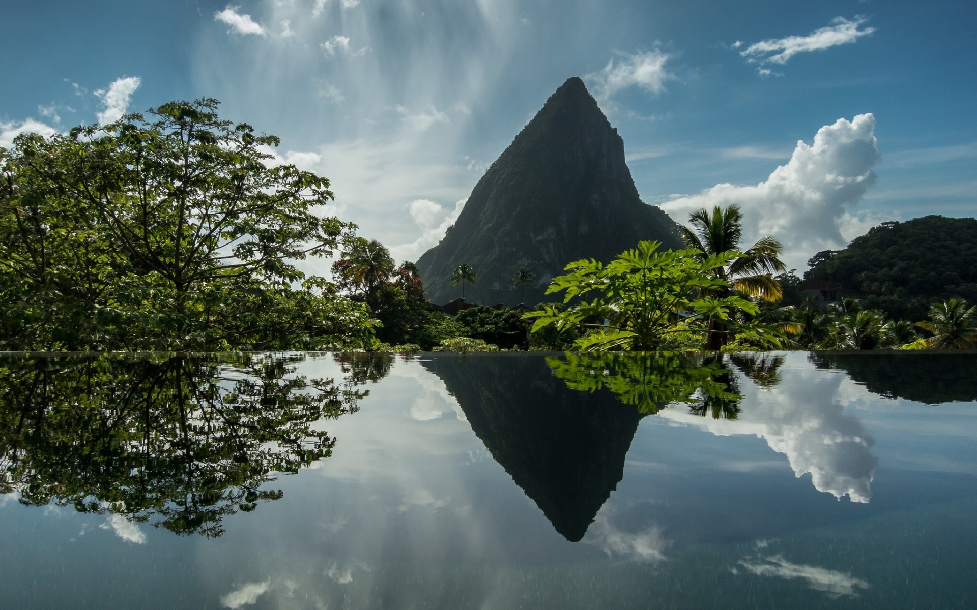 oufriere saint lucia caribbean west indies mountain reflection water tree