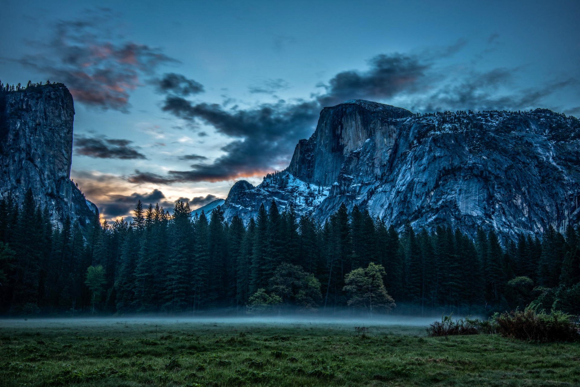 california yosemite national park rock meadow fog clouds nature