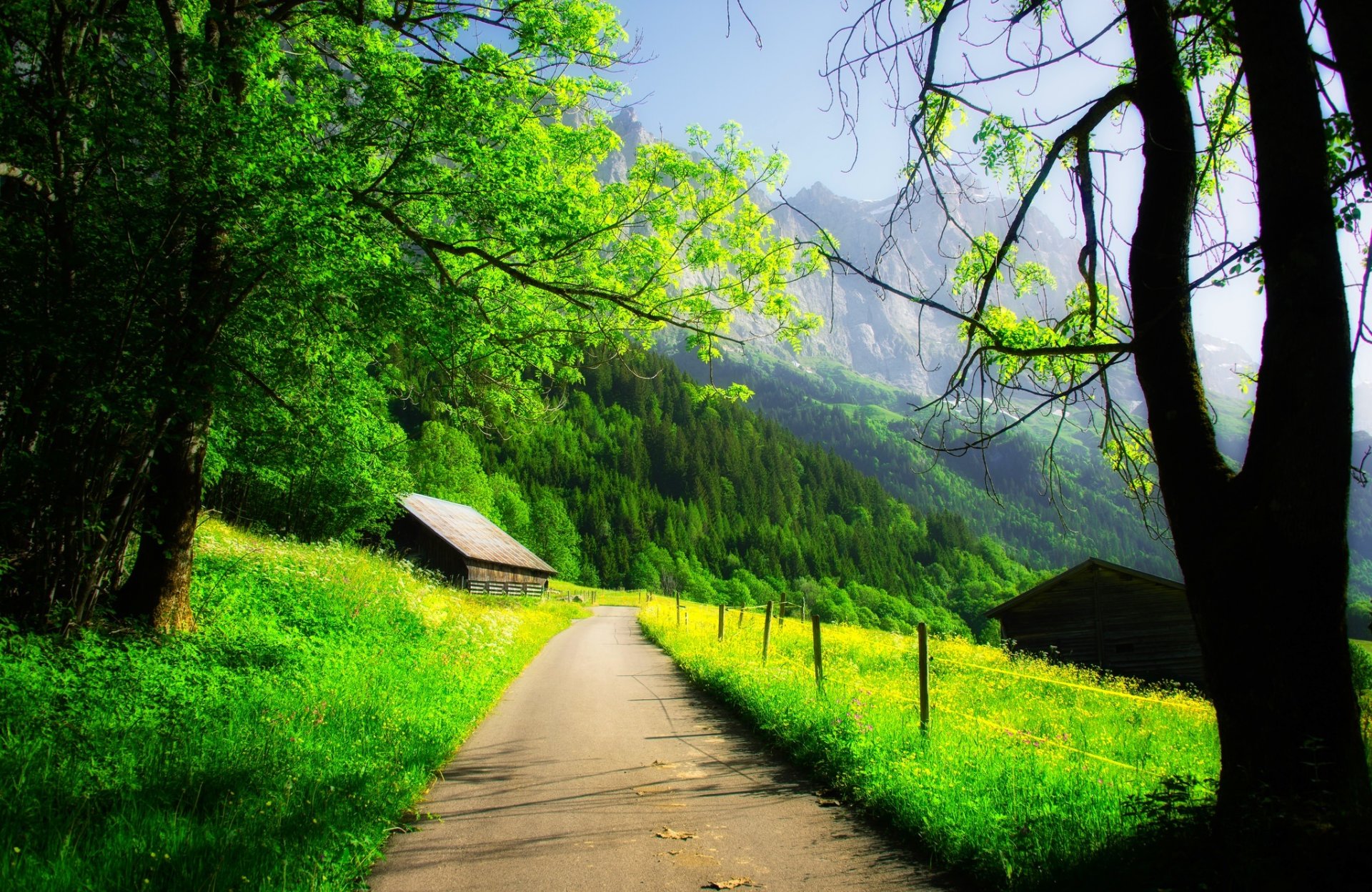 nature spring mountain house rock sky clouds forest trees road walk spring mountains rock