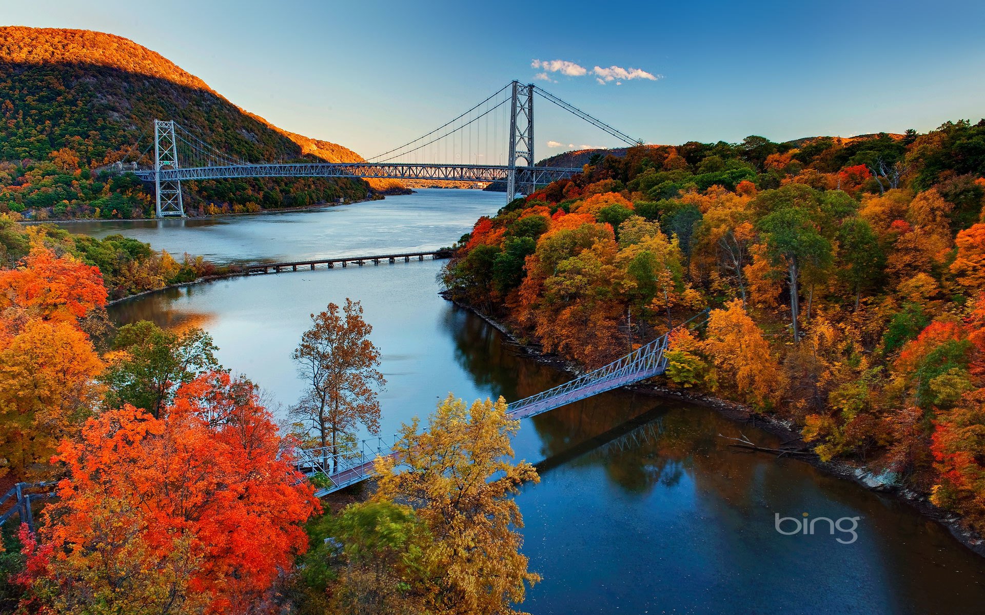 nature pont forêt automne ciel montagnes colline rivière feuilles pourpre