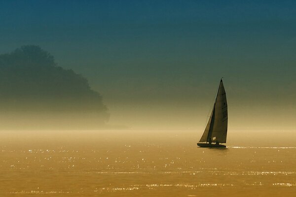 A lonely sailboat on the surface of a calm lake