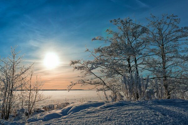 Winter lake morning village