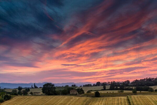 Schöner Sonnenuntergang auf dem italienischen Feld