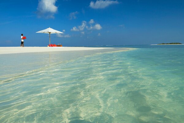 Limitless clear sea and shelter under an umbrella