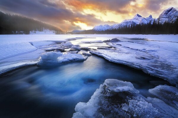 Winter painting river in ice