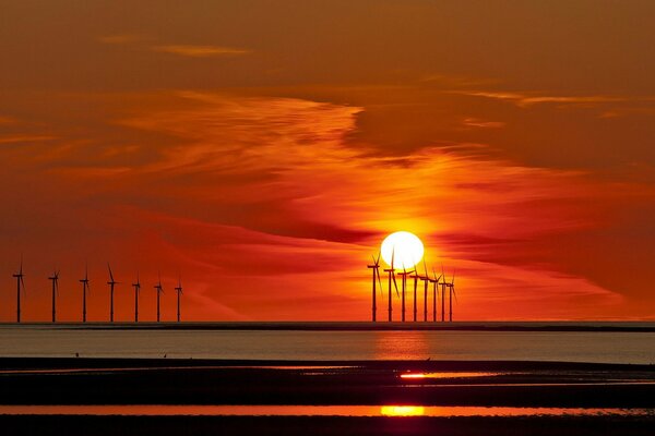 Red sunset in the sea