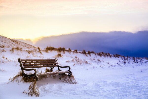 Banco en la nieve y las huellas a su alrededor