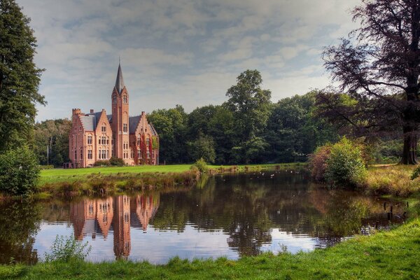 Castle near the lake in the middle of the forest