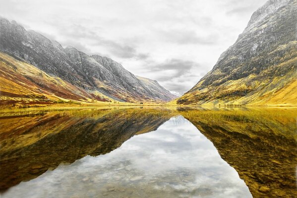 Ein See in Schottland. Berge im Wasser reflektiert