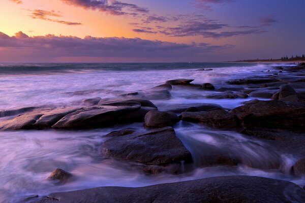 Night landscape sea and rocks