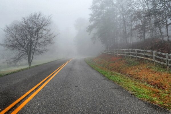 La route mène dans le brouillard, paysage