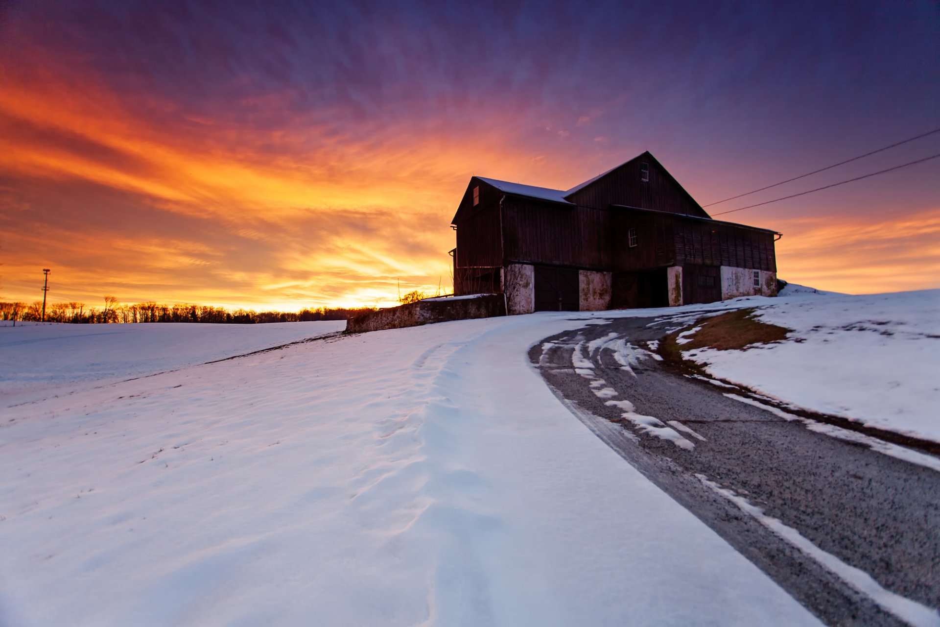 house road winter snow nature sky sunset landscape