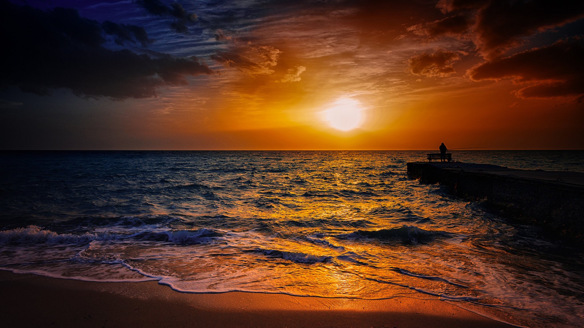 meer sonne himmel pier fischer