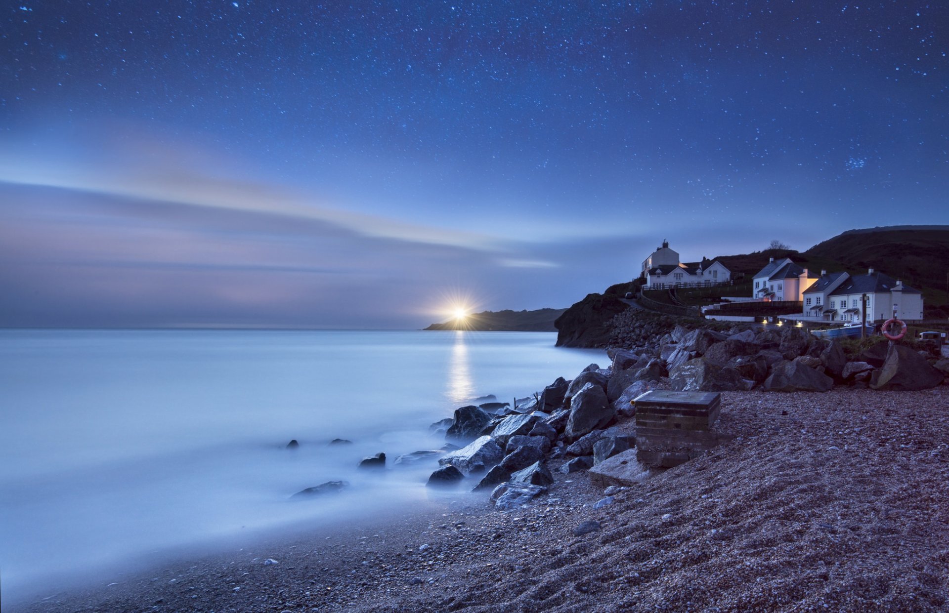 mar playa casa faro noche estrellas tranquilidad