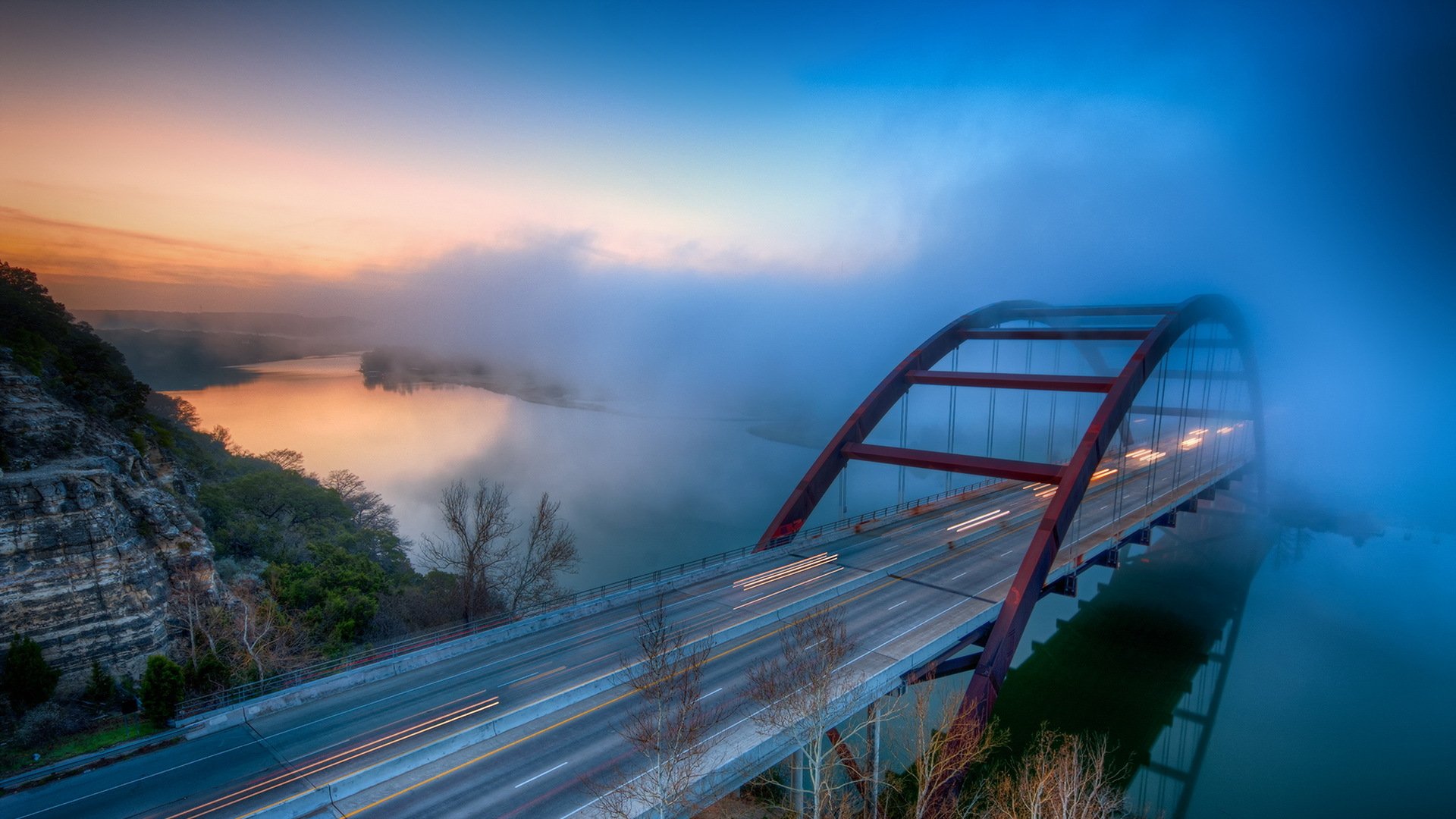 río puente niebla paisaje