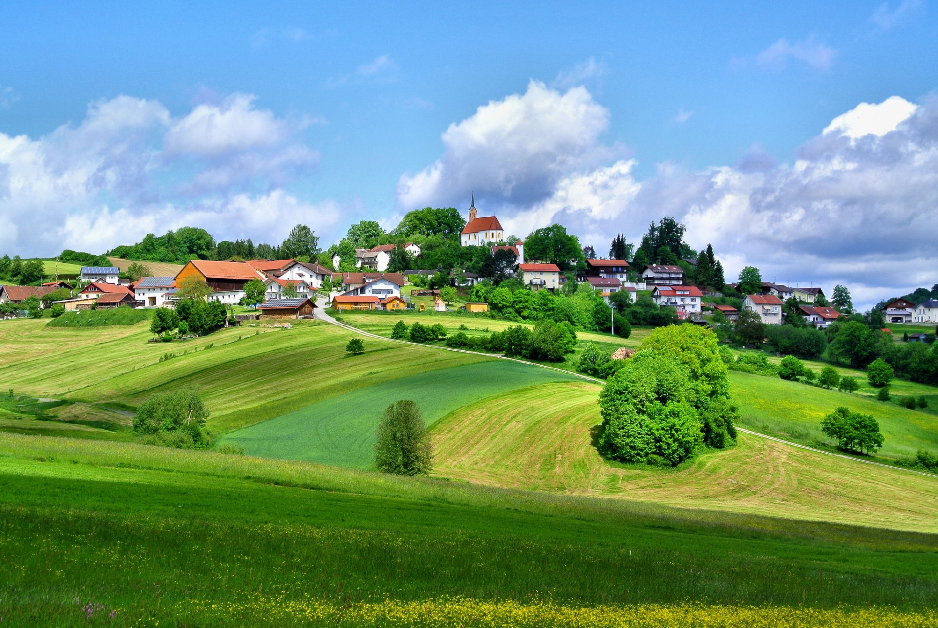 kirchberg germany sky hills grass tree house town