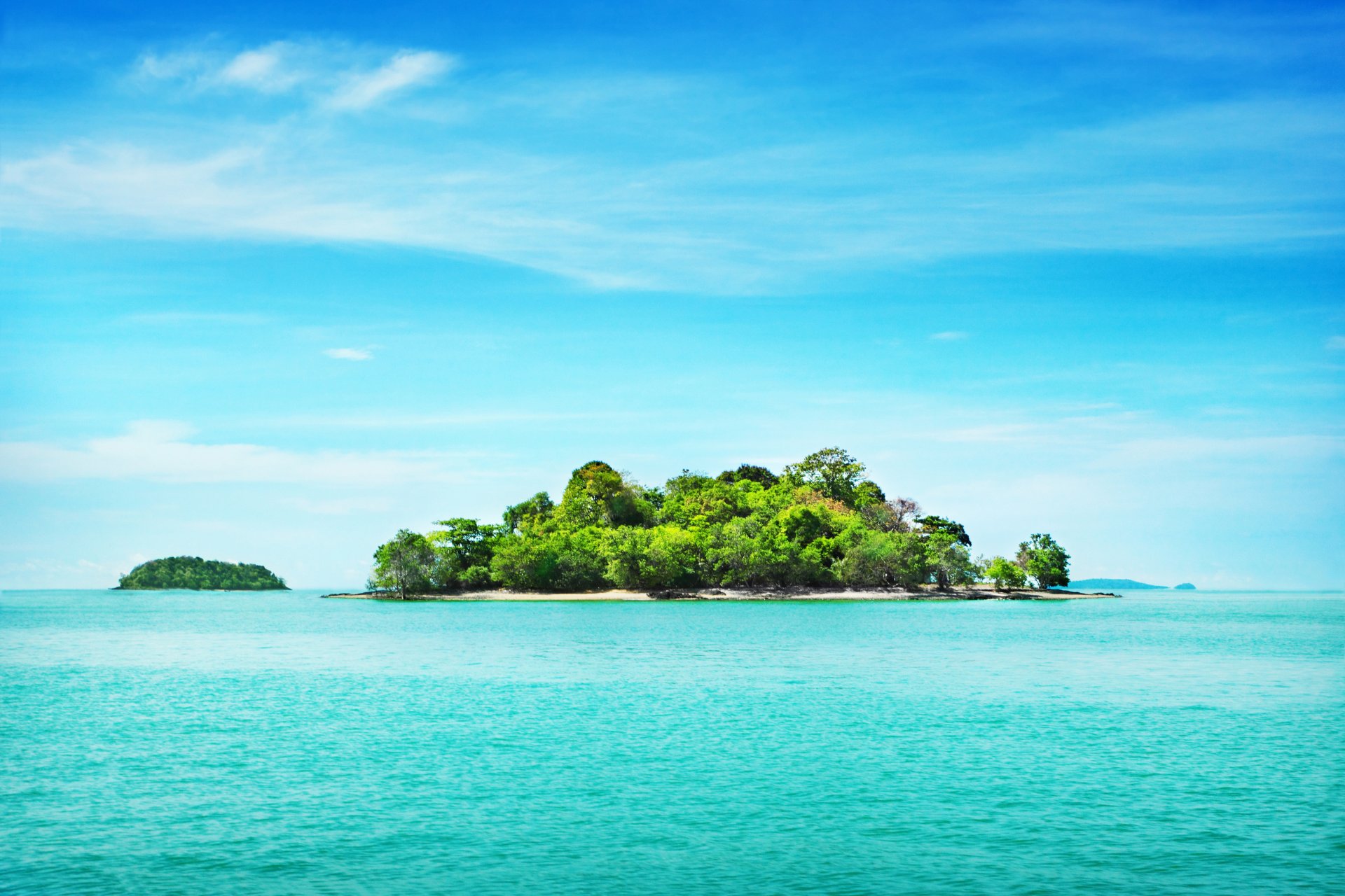 landscape island shore beach trees sea sky