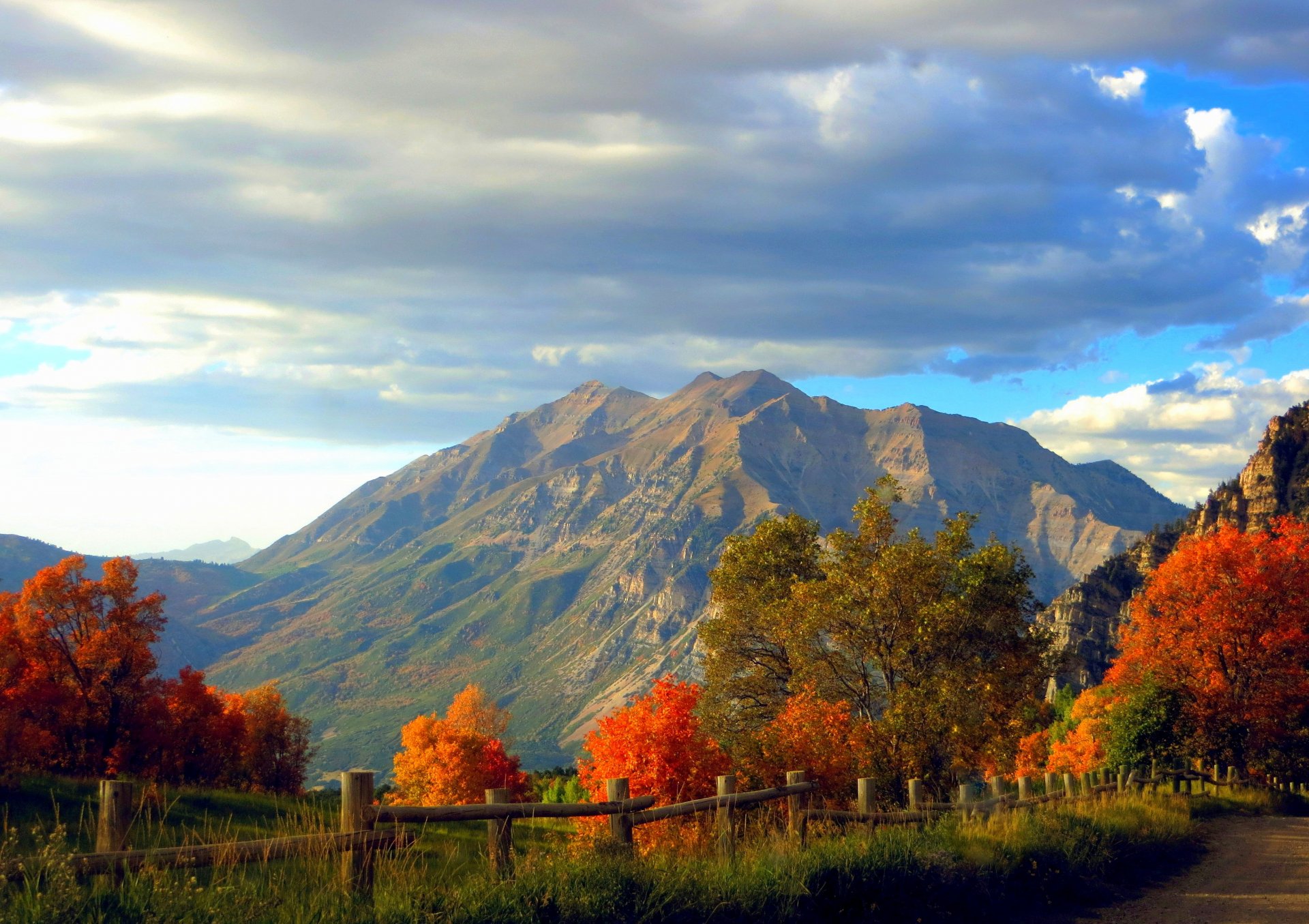 nature forest trees mountains rocks grass leaves colorful road autumn fall colors walk sky clouds rock