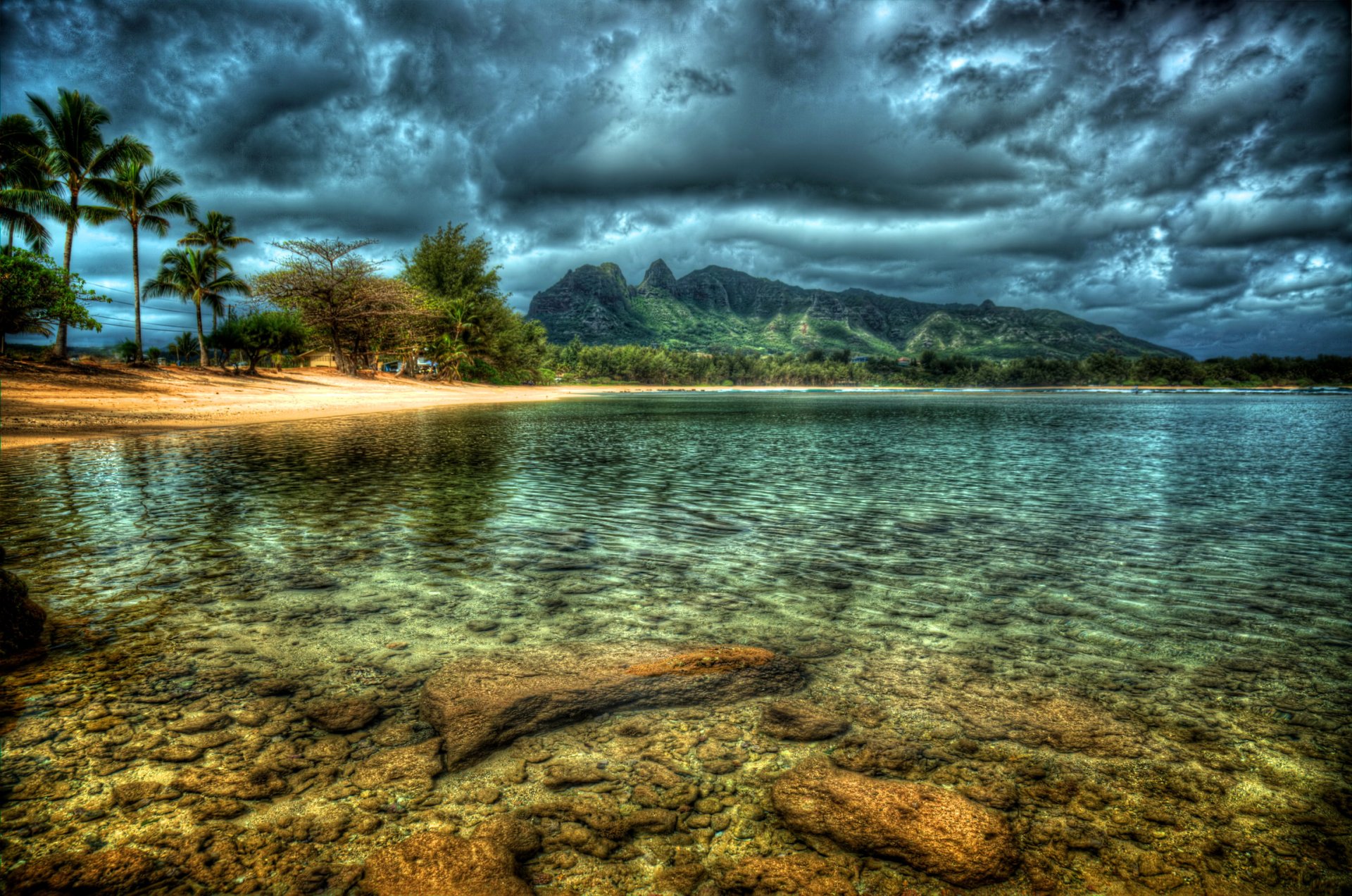 trópicos cielo nubes montañas lago árboles hdr