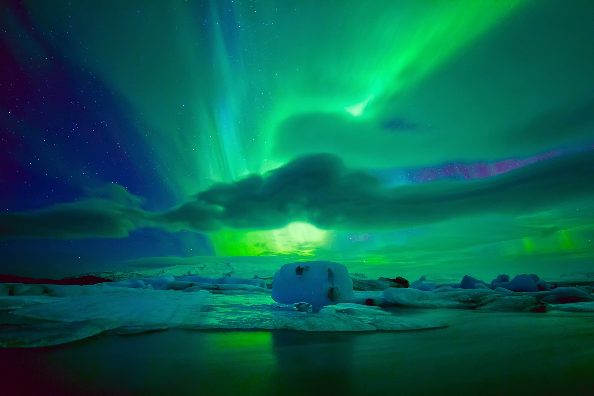 ky night star clouds northern lights ice floes ice