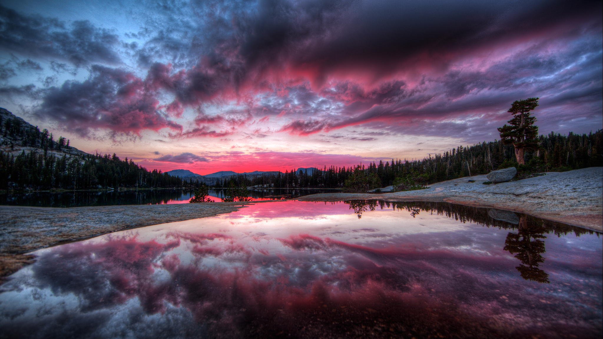 coucher de soleil lac rivière forêt arbres