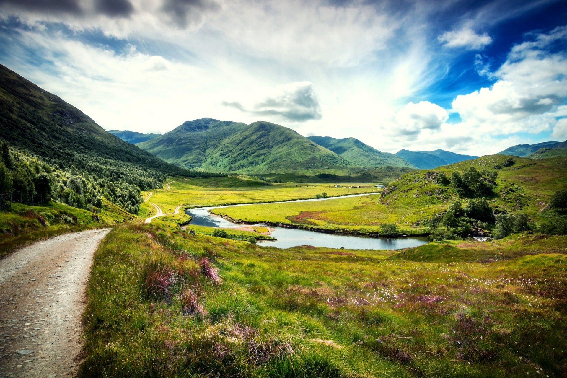 schottland großbritannien vereinigtes königreich natur gras bäume grün see straße berge wolken landschaft