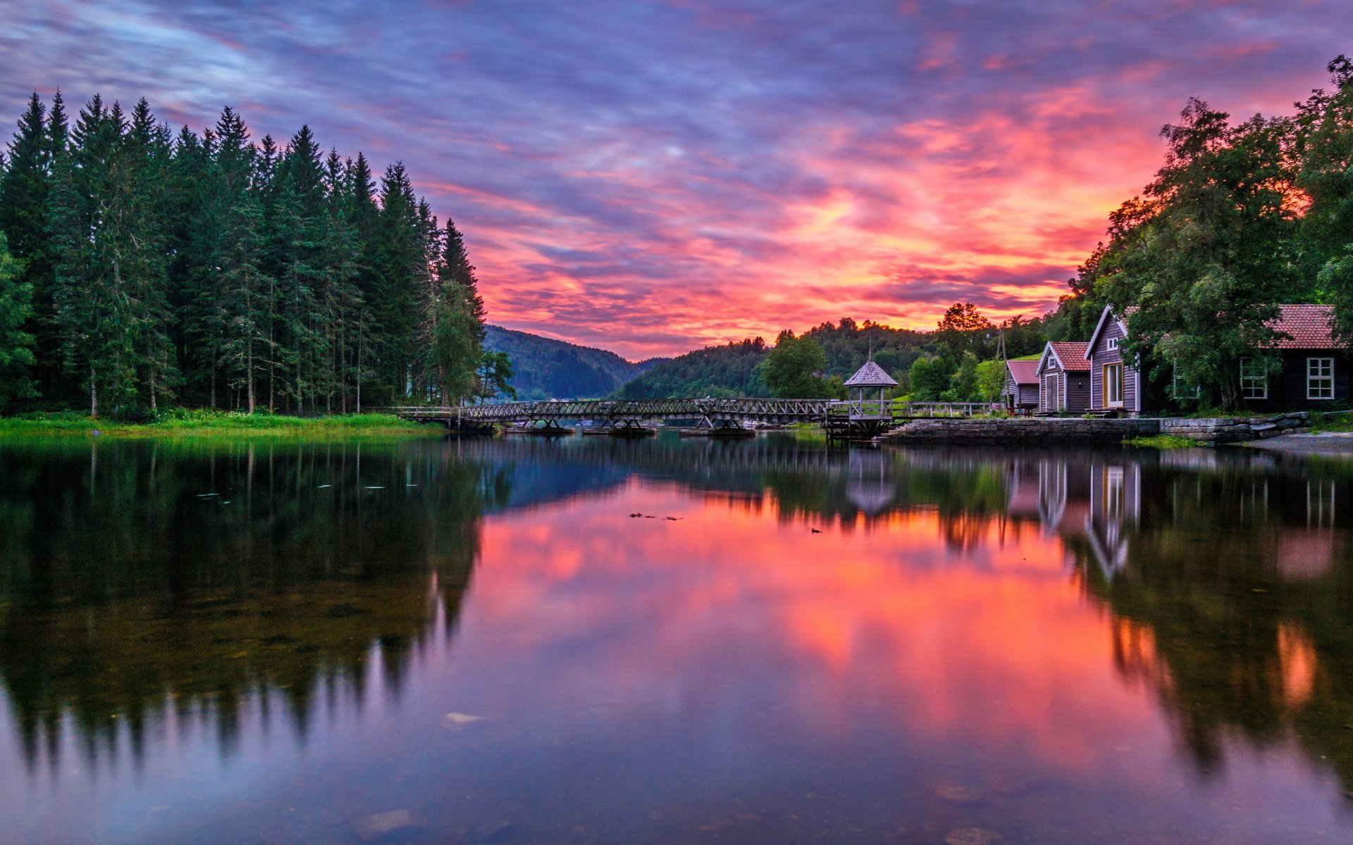 norvegia rogoland foresta fiume ponte case mattina alba