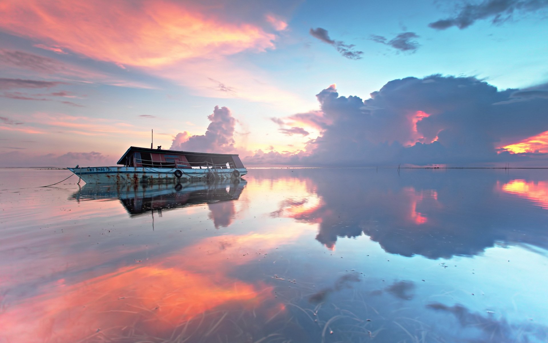 unset sea ship landscape