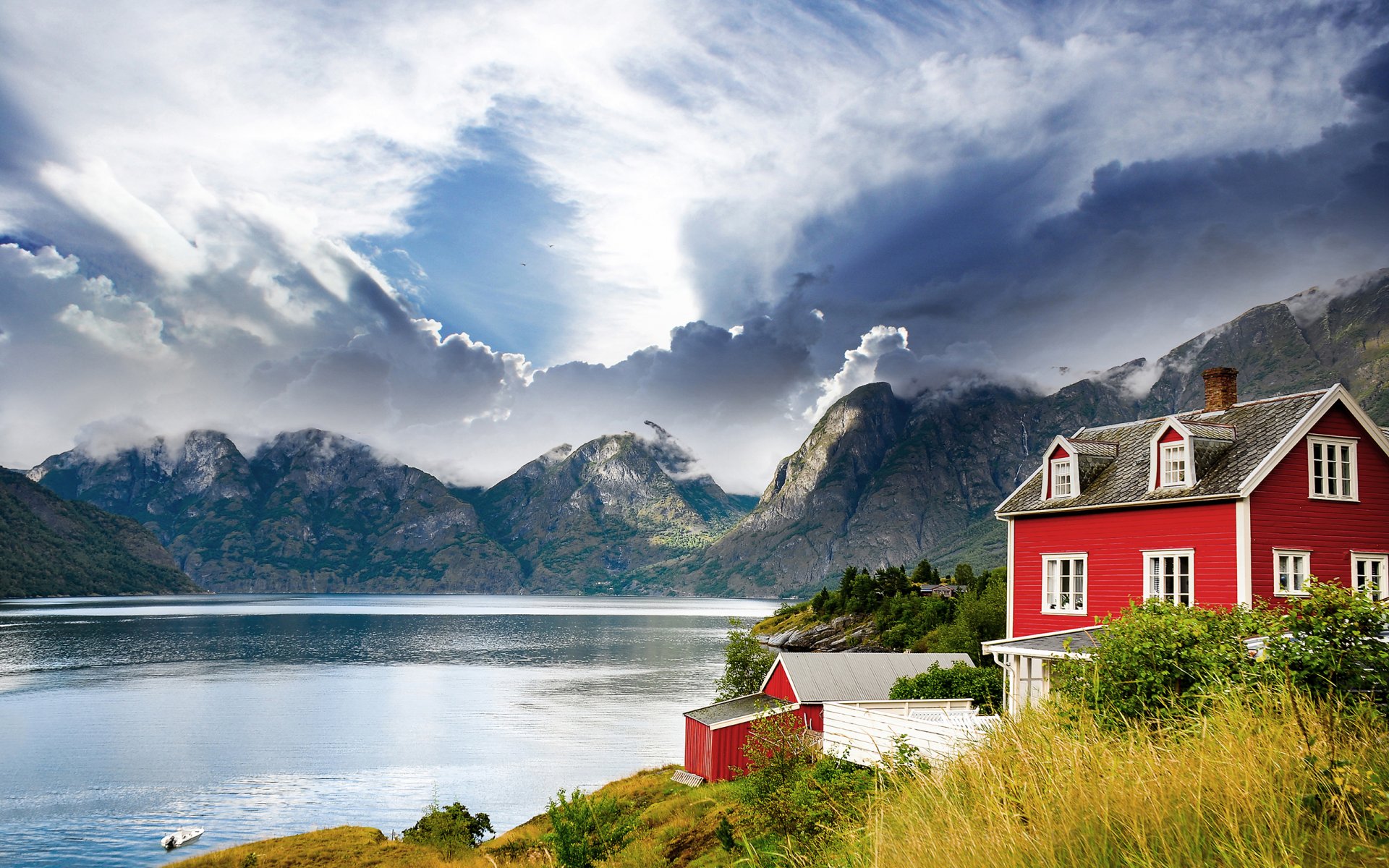 norwegen fjord see berge haus landschaft