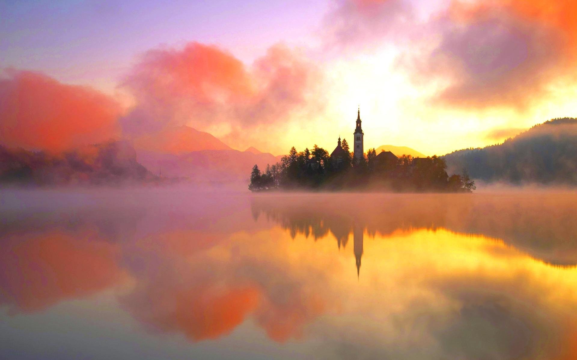 lago lago bled agua isla naranja calor niebla torre paisaje naturaleza belleza