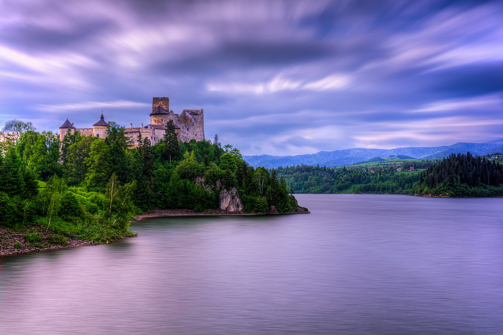 hills lake trees castle clouds cloud