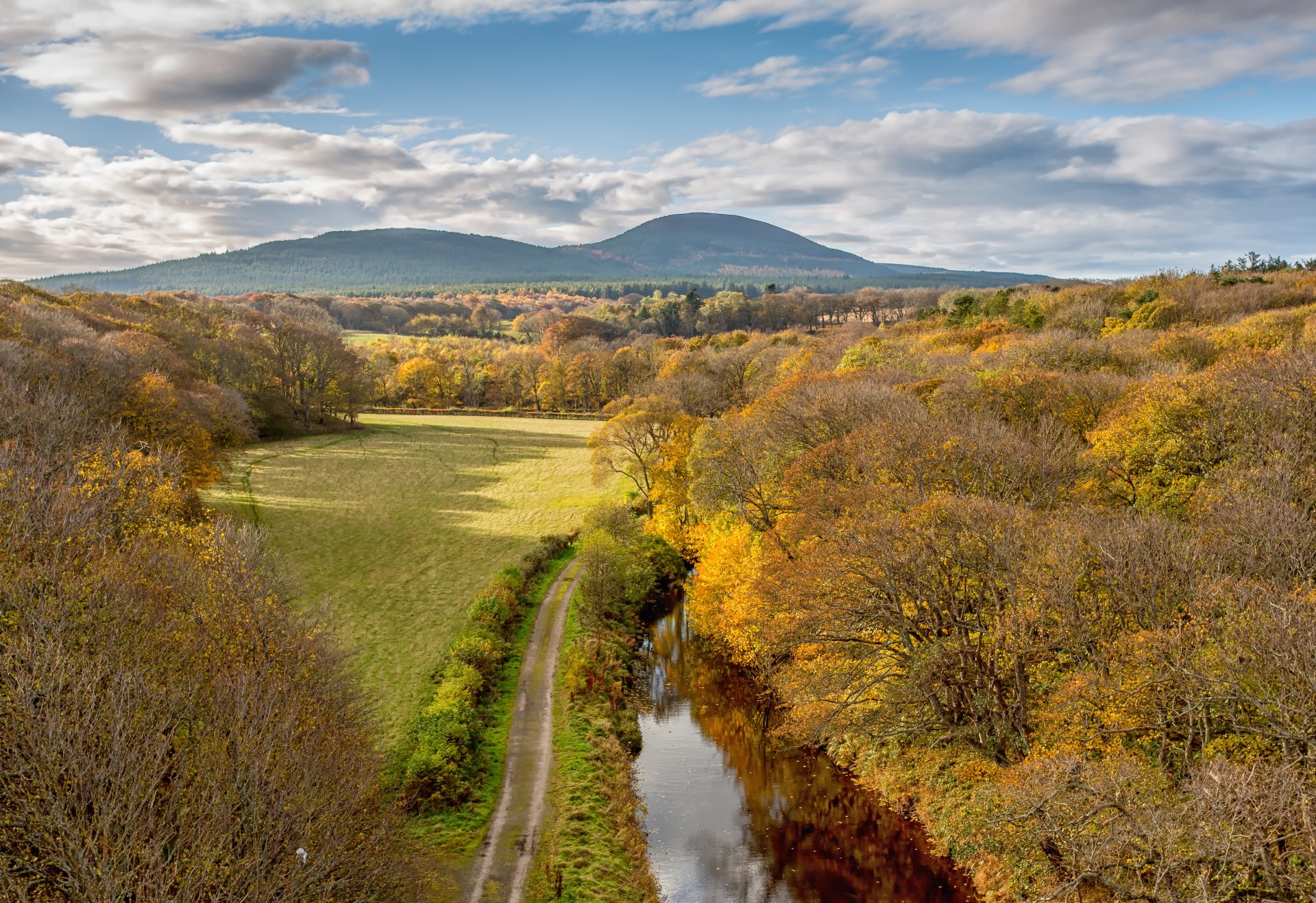 nature sky mountain forest clouds tree autumn river road the field